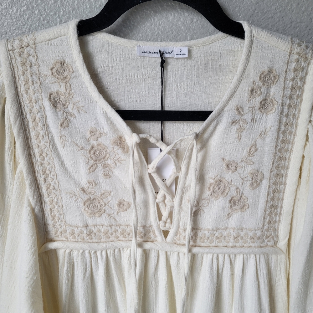 Unsubscribed NWT 3100 Crafty Embroidered Boho Mini Dress Size 2 In Soft Muslin - Picture 3 of 12